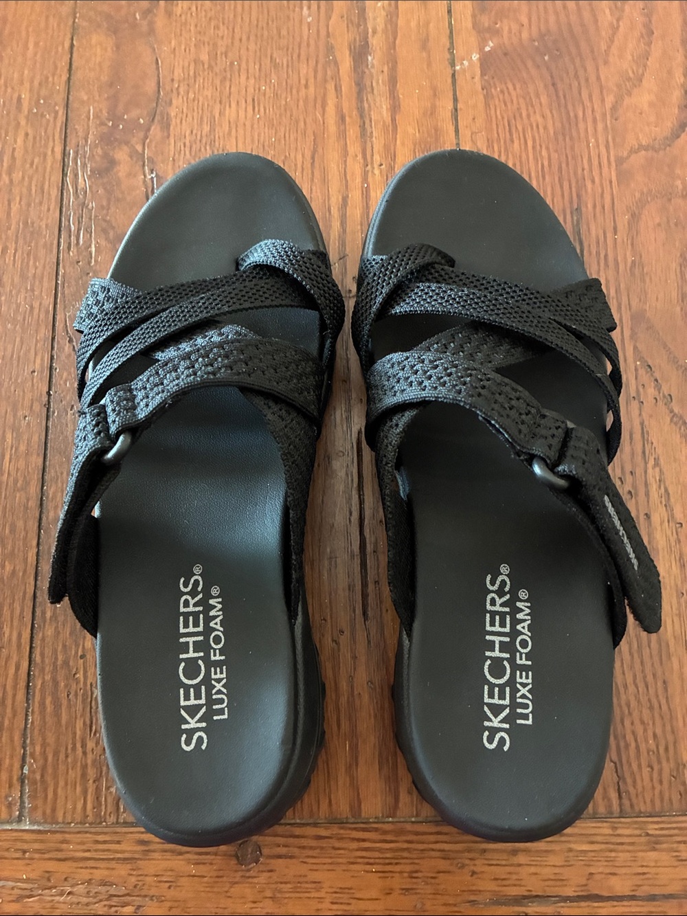 Skechers Women's Black Strappy Luxe Foam Slide Sandals